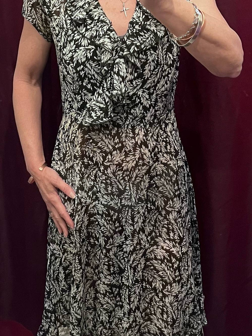 J.B.S. Black & White Leaf-Print V-Neck Midi Dress